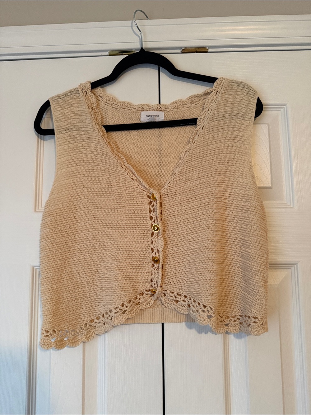 Sleeveless Crochet-Trim Knit Crop Top in Beige